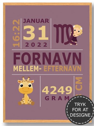 Fødselstavle med barnets navn, fødselsdato, fødselstidspunkt, vægt og længde. På fødselsplakaten er dyremotiv og stjernetegn. Farven på den perfekte dåbsgave er lyseroed.