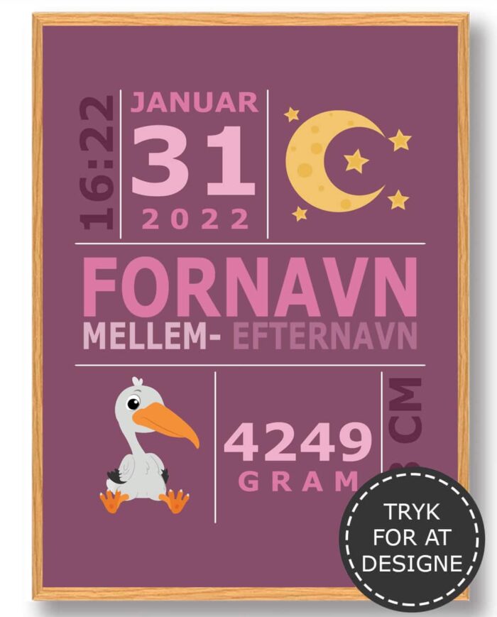 Fødselstavle med barnets navn, fødselsdato, fødselstidspunkt, vægt og længde. På fødselsplakaten er en måne og en stork. Farven på den perfekte dåbsgave er lyserød.