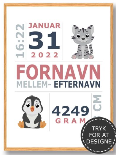 Fødselstavle med barnets navn, fødselsdato, fødselstidspunkt, vægt og længde. På fødselsplakaten er en pingvin og en kat. Perfekt dåbsgave.