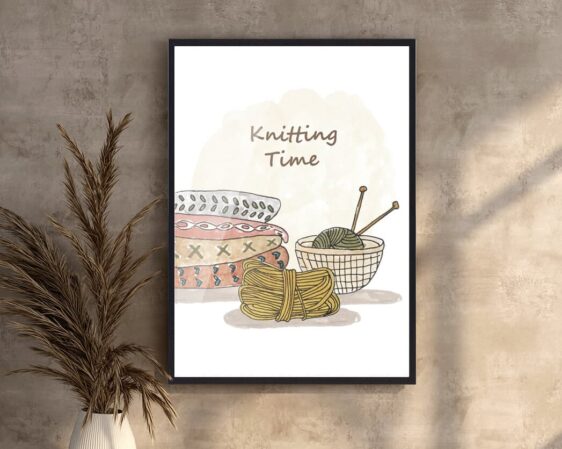 Strikkeplakat med sødt motiv af garn og teksten "knitting time".