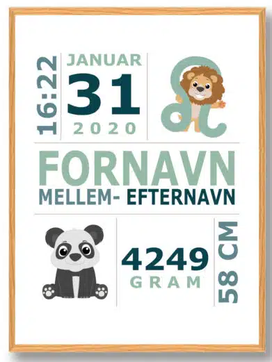 Fødselsplakat med grøn tekst og søde motiver
