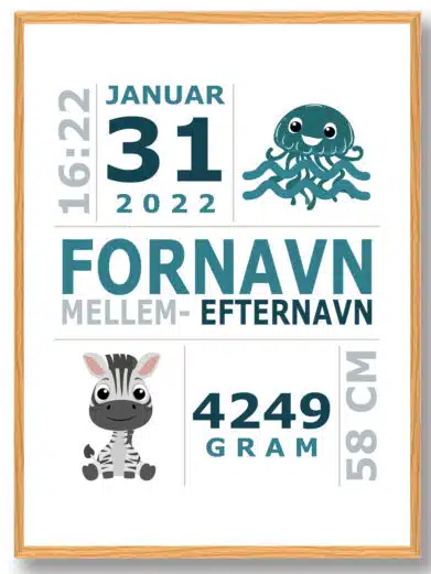 Fødselsplakat i forskellige blå nuancer