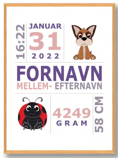 Fødselsplakat med motiverne mariehøne og hund