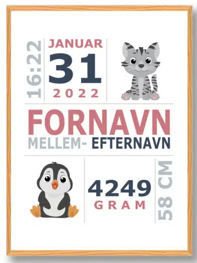 Fødselsplakat med motiverne pingvin og kat