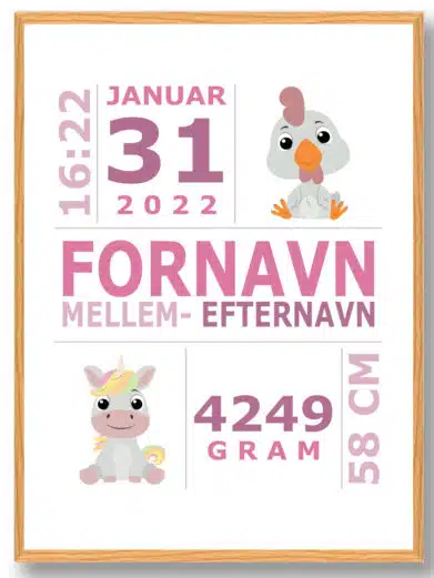 Fødselsplakat med enhjørning og and som motiver