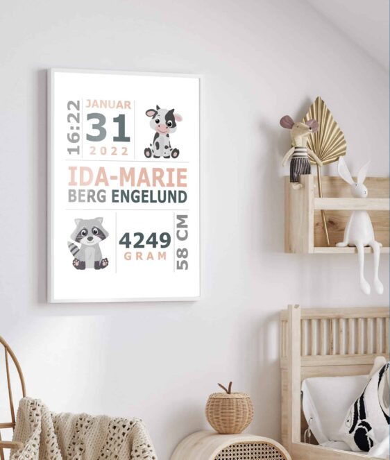 Personlig fødselsplakat med babys informationer samt søde dyre motiver. Perfekt til barnedåbsgave og til billig penge