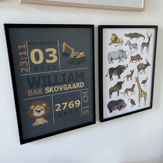 Flot mørkeblå fødselsplakat med navn, dato og tidspunkt.