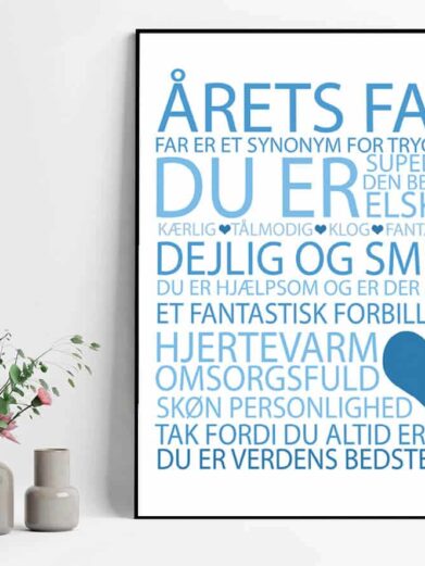 Årets far plakat med blå skrift og sort ramme
