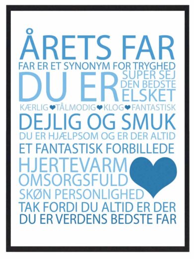 Årets far plakat med blå skrift og sort ramme
