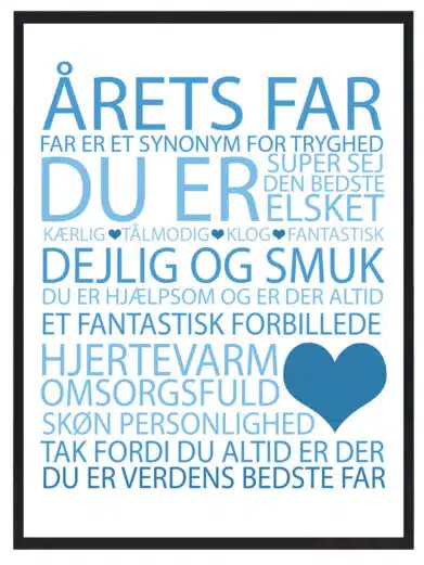 Årets far plakat med blå skrift og sort ramme