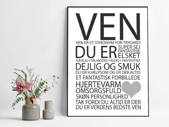 Citatplakat med årets ven i sort/hvid og sort ramme