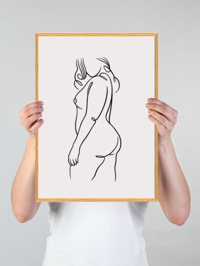 Line art poster: Minimalist nude woman drawing, black lines on white, framed. Modern art home decor on sale.