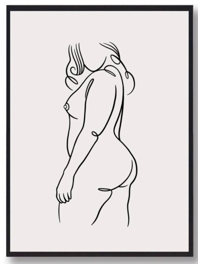 Line art poster: Minimalist black line drawing of a curvy woman's body on a beige background, framed in black. Modern art print.
