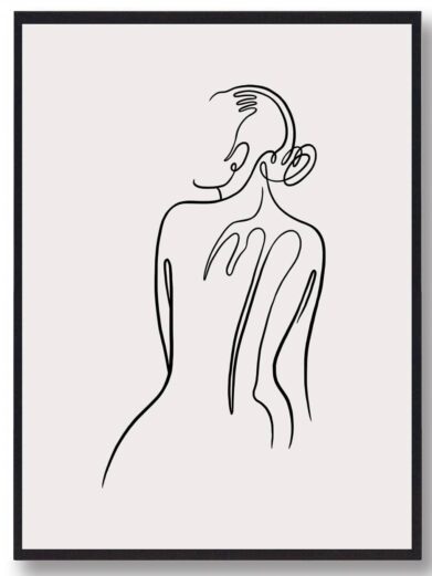 Stregtegnings Plakat: Minimalist line art of a woman's back, black lines on pale background, framed. Elegant, modern decor.