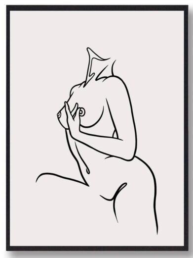 Line art print of a nude woman, minimalist style. Black lines on a light background, framed in black. Modern and elegant.