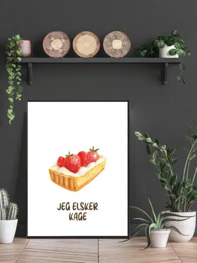 Kageplakat med hvid baggrund og teksten ”jeg elsker kage”.