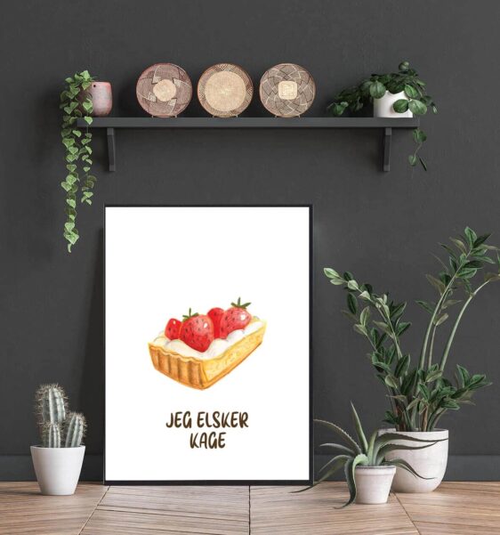 Kageplakat med hvid baggrund og teksten ”jeg elsker kage”.