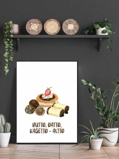Kageplakat med hvid baggrund og teksten ”nutid, datid, kagetid -altid”.