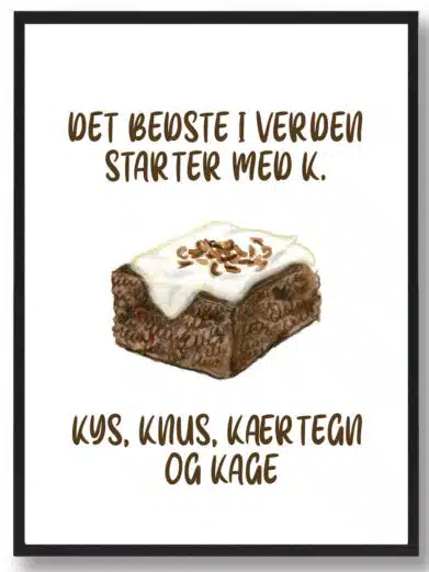 Kageplakat med citatet ”det bedste i verden starter med k - kys, knus, kærtegn og kage”. Plakaten med kage har hvid baggrund.