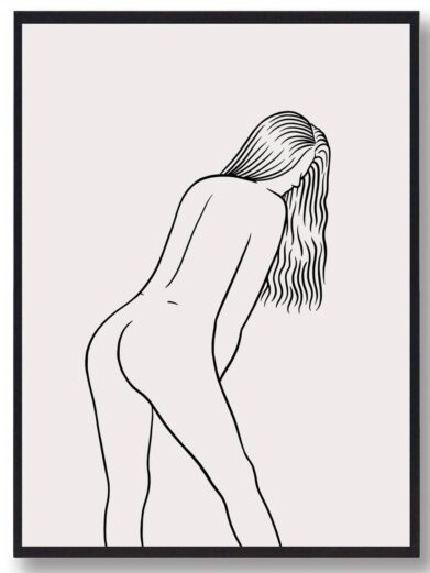 Line art poster: Minimalist nude woman in black lines on cream background. Modern art print for home decor.