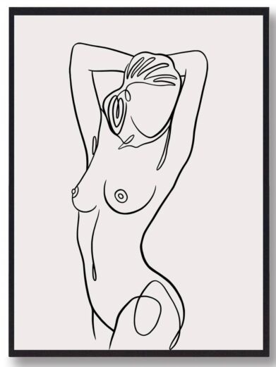 Line art poster: Minimalist line drawing of a nude female figure with arms raised, black lines on a beige background, framed.