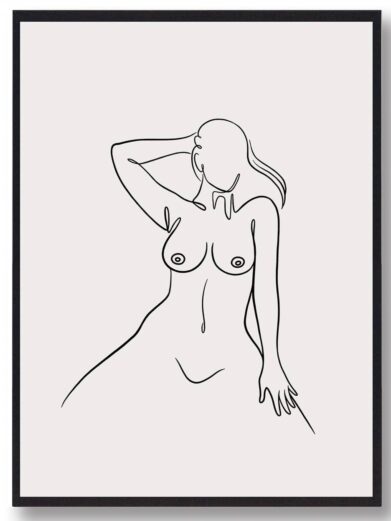 Line art - stregtegnings plakat of a nude woman in black lines on neutral background. Minimalist art print.