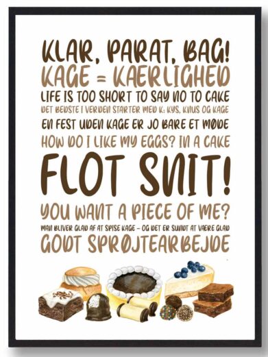 Kageplakat med citatet ”flot snit!”. Plakaten med kage har hvid baggrund.