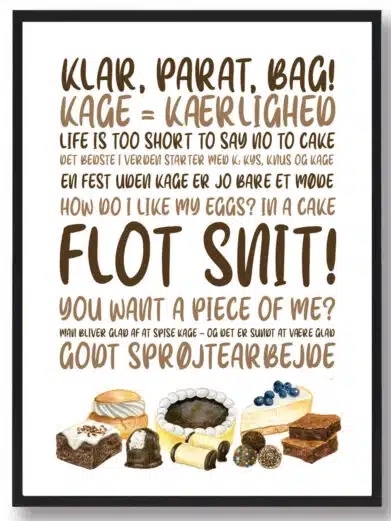 Kageplakat med citatet ”flot snit!”. Plakaten med kage har hvid baggrund.