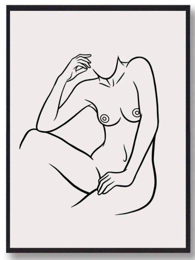 Line art stregtegnings plakat: Black line drawing of a nude woman in on a cream background, framed in black.