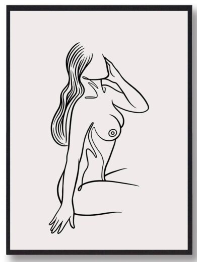Line art stregtegnings plakat: Minimalist black line drawing of a nude woman on an off-white background, framed in black, modern style.