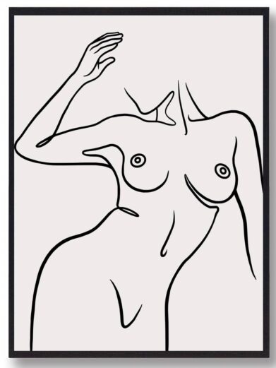 Line art poster: Minimalist black line drawing of a nude woman on a light background, framed in black. Modern wall art.