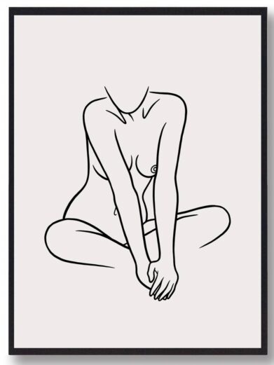 Line art "stregtegnings plakat" featuring a minimalist black line drawing of a nude woman in a seated position on a white background.
