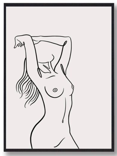 Line art stregtegnings plakat: Minimalist black line drawing of a nude woman with arms raised, on a cream background, framed in black.