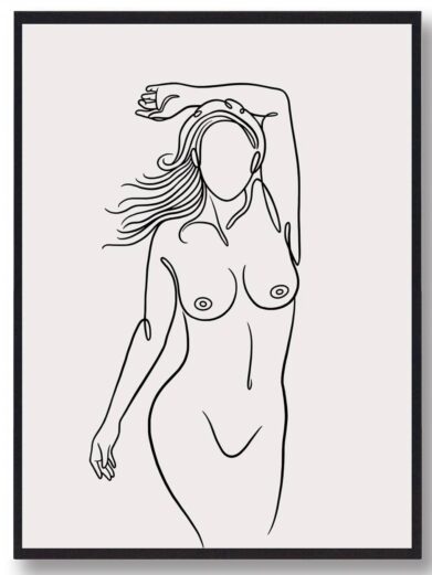 Line art poster: Minimalist black and white drawing of a nude woman with flowing hair, framed.