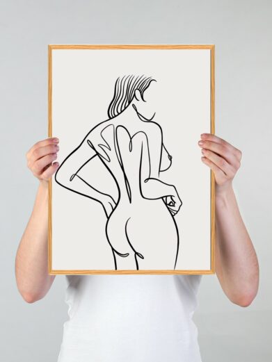 Line art poster: black line drawing of a woman's back held by hands. Minimalist, modern art for home decor.