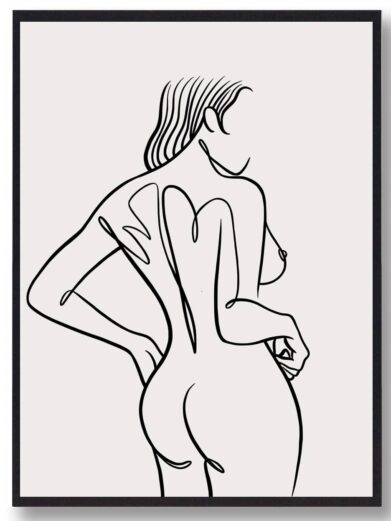 Line art stregtegnings plakat: Minimalist black line drawing of a woman's back on a beige background. Modern art print.