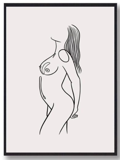 Line art - stregtegnings plakat: Minimalist black line drawing of a nude woman on a neutral background, framed. Modern art print.