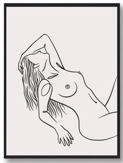 Stregtegnings Plakat: Black line art of a reclining nude figure with flowing hair on a cream background, framed in black.