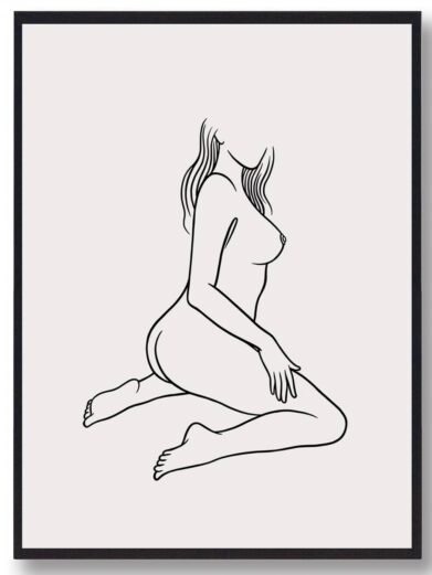 Line art poster: Minimalist black line drawing of a nude woman on a beige background, framed in black, modern art.