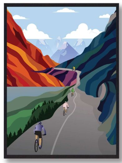 Cykelplakat med 4 cykelryttere der kører i bjergene. Tour de France plakaten som er en perfekt gaveide, der passer perfekt til alle som elsker at cykel