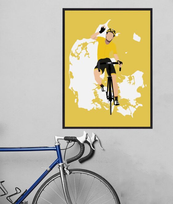 Cykel plakat med billede af den Gule førertrøje Danmarks kort i baggrunden. Tour de France plakaten passer perfekt til alle som elsker at cykel