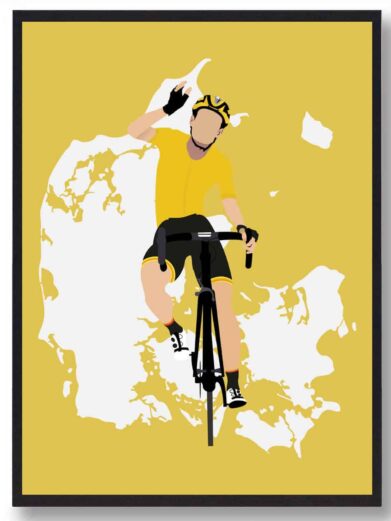 Cykel plakat med billede af den Gule førertrøje Danmarks kort i baggrunden. Tour de France plakaten passer perfekt til alle som elsker at cykel