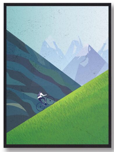 Cykel plakat med motiv af en cykelrytter på vej op af en stejl bakke. Tour de France plakaten passer perfekt til alle cykel interesseret