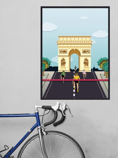 Tour de France plakat med billede af den gule førertrøje på vej over målstregen. Cykelplakaten passer perfekt til alle cykel interesseret