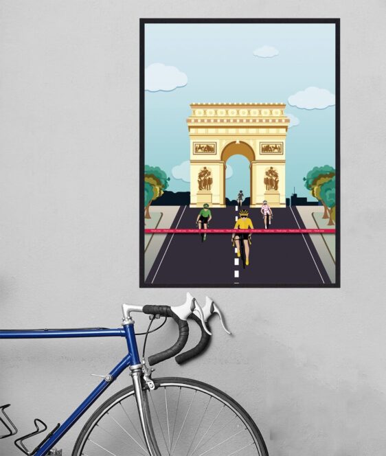 Tour de France plakat med billede af den gule førertrøje på vej over målstregen. Cykelplakaten passer perfekt til alle cykel interesseret