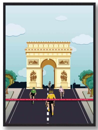 Tour de France plakat med billede af den gule førertrøje på vej over målstregen. Cykelplakaten passer perfekt til alle cykel interesseret