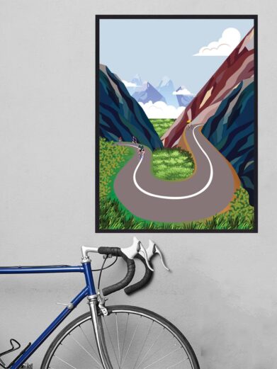 Tour de France plakat med billede fra Tour de France bjerg. Rytterne cykler i bjergene