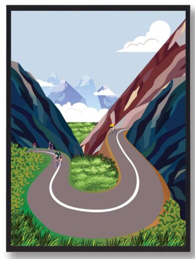 Tour de France plakat med billede fra Tour de France bjerg. Rytterne cykler i bjergene
