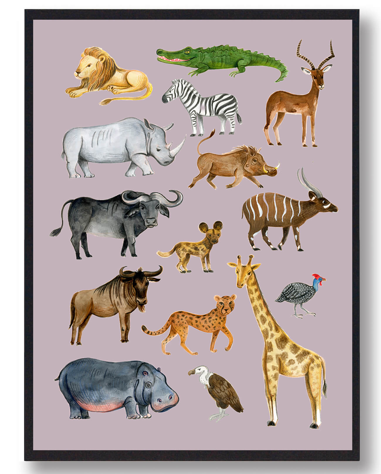 Afrikas Dyr Håndtegnet Plakat Lyserød Størrelse: 21x29 7cm