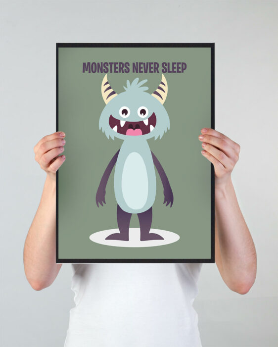 Grøn monsterplakat med et sjovt monster. Denne monsterplakat er i en flot stilrent design, som passer perfekt til børneværelset.
